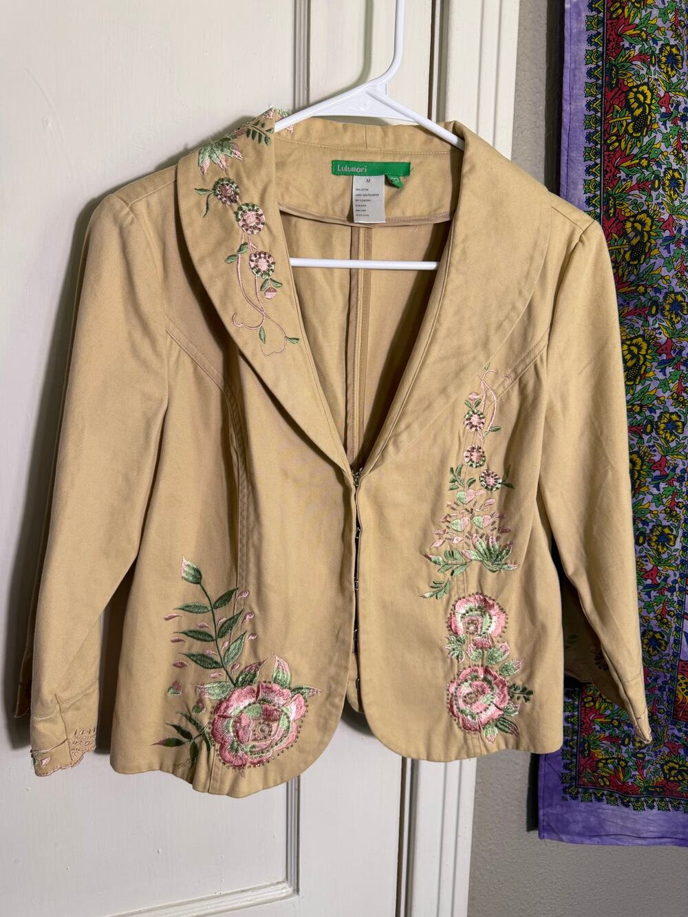 Vintage Lulumari Embroidered Floral Blazer Tan Cotton Y2K Cottagecore - Medium